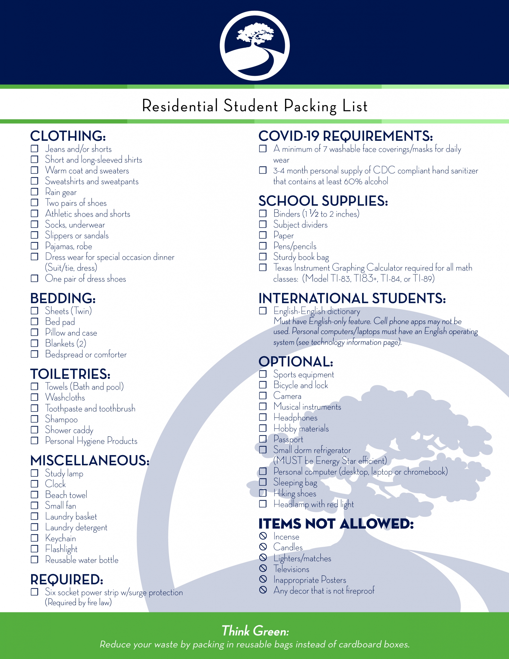 Residential Student Packing List