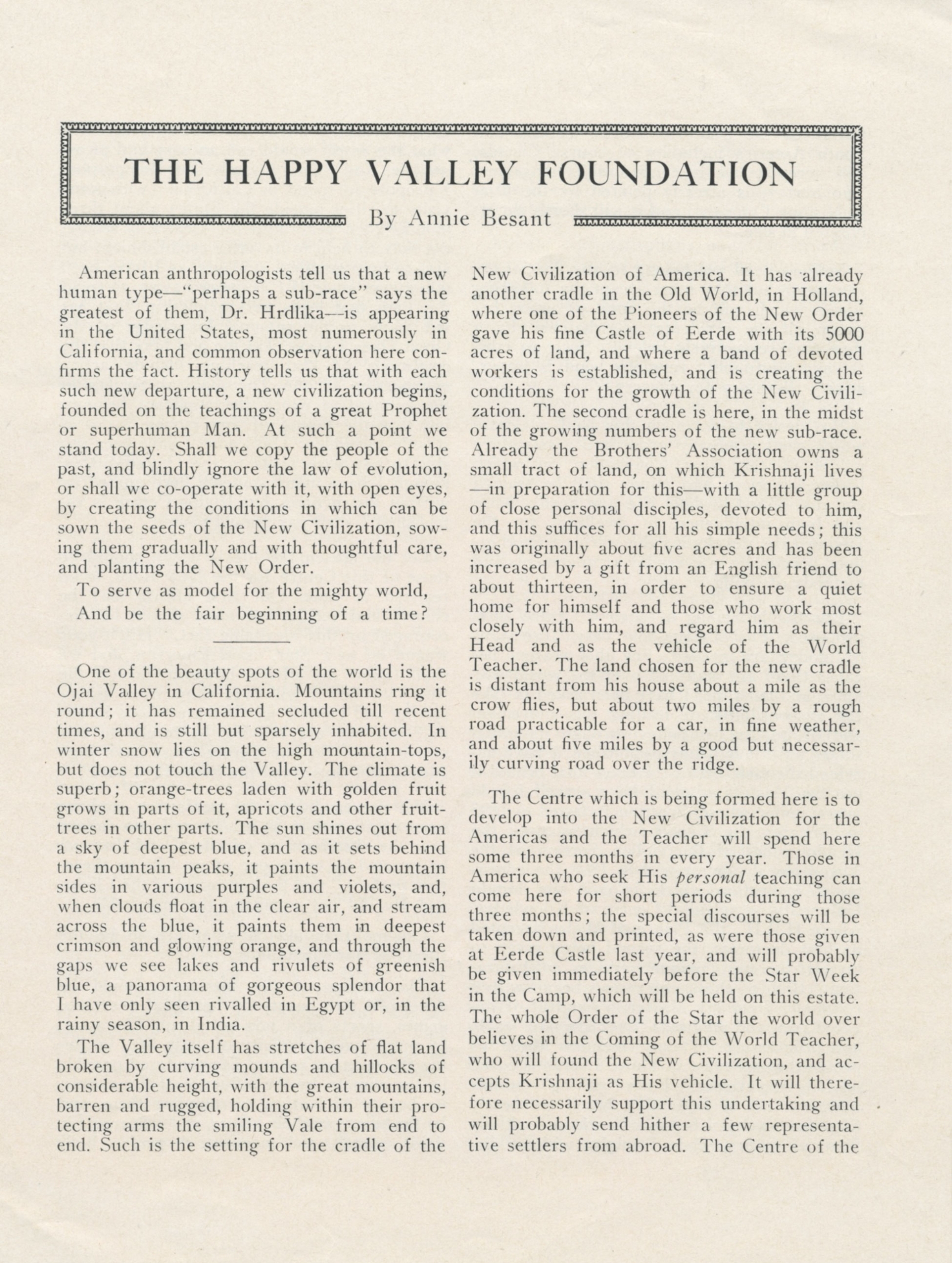 HVF Announcement 1927