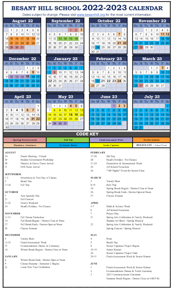 Yearly Calendar Besant Hill School of Happy Valley